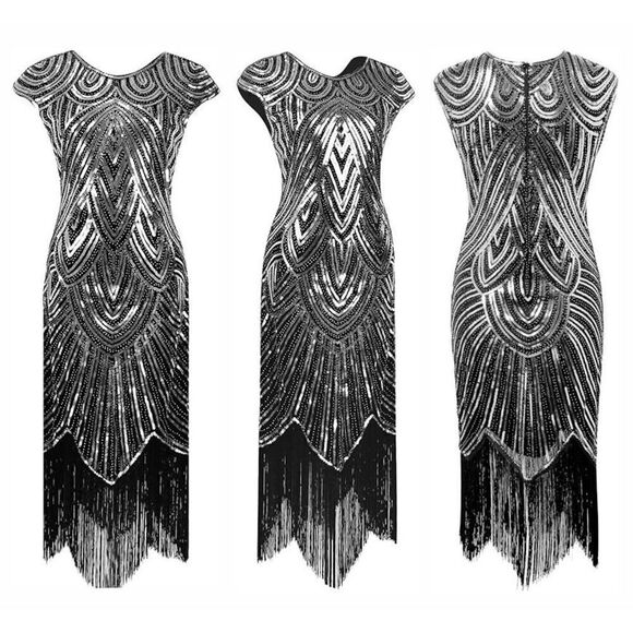 ✨ Flapper Great Gatsby Roaring 1920s Retro Tassel Fringe Silver Sequin Dress NEW - Picture 3 of 17